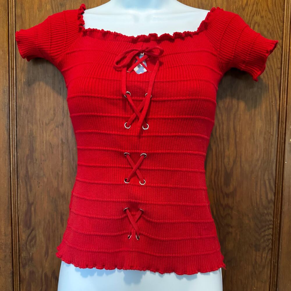 Ambiance Apparel Red Lace Up‎ Stretchy Scalloped Knit Women's L Y2K